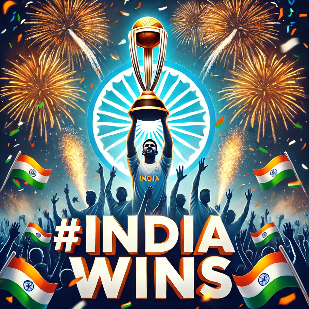 team India celebrating victory with a trophy. #IndiaWins marks the glorious moment.